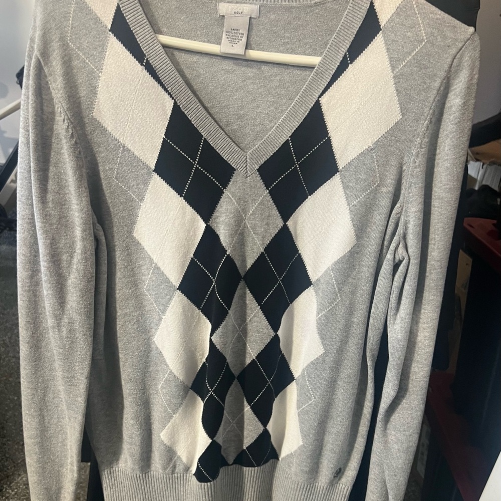 Izod Gray and Black Argyle V-Neck Sweater